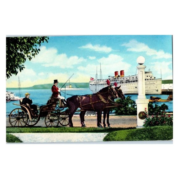 1940s postcard boat horse and buggy plane Mackinac island Curteich photochrome